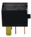 Close-up view of a black G8HL-H71 relay with gold and copper pins, part of the Four Pack 12V DC Automotive Relay Kit G8HL-H71 For AC Compressor And Fan Motor With 39794-SDA-A03 And 39794-SDA-A05 Replacement Compatible With Crosstour CR-V CR-Z Element Insight Odyssey Pilot Acura TL TSX MDX.