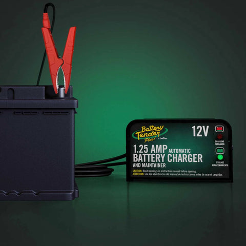 12V 1.25 Amp Car And Motorcycle Battery Charger And Maintainer with Float Charge connected to battery