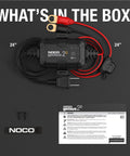 2A 12V Smart Onboard Battery Charger Maintainer Desulfator With Overcharge Protection And Temperature Compensation For Lead Acid Batteries AGM Gel SLA VRLA Direct Mount For Automotive Marine Applications with cables and accessories included in the box.