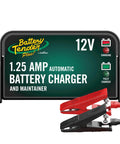 12V 1.25 Amp Car And Motorcycle Battery Charger And Maintainer With Float Charge for Automotive and ATVs, front view with clamps