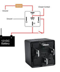Diagram showing wiring and 4-pin configuration of 2 Pack 4 Pin 12V Car Relay 40 Amp JD2912-1H-12VDC Heavy Duty Auto Switch.