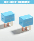 12V Four Pin Car Relay Kit, Two Pack, Heavy Duty Auto Relay For AC Starter And Electrical Systems, blue color, side view.