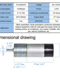 Dimensional drawing of 12V DC High Speed 300RPM Gear Motor with Encoder for Arduino and 3D Printers, showing motor size and specs.