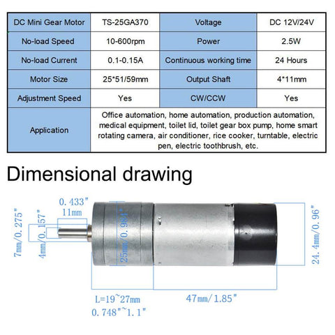 Dimensional drawing of 12V DC High Speed 300RPM Gear Motor with Encoder for Arduino and 3D Printers, showing motor size and specs.