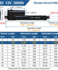 Diagram of a powerful 12V DC linear actuator with a 4 inch stroke and 660 lb thrust, IP65 rated, showing dimensions and specifications.