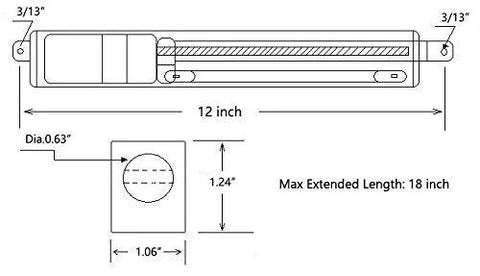Diagram of 12V linear actuator with limit switch, showing dimensions and stroke length of 6 inches; extends from 12 to 18 inches.