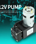 Compact Oilless Vacuum Pump 12 Volt DC 42 Watt Mini Brush Piston Pressure Pump Delivers 40 Liters Per Minute front view