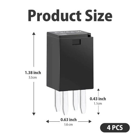 Beefy 12V DC SPNO Relay 20A High Temperature Up To 125C For Automotive And Off Road Fans Four Pack size dimensions shown