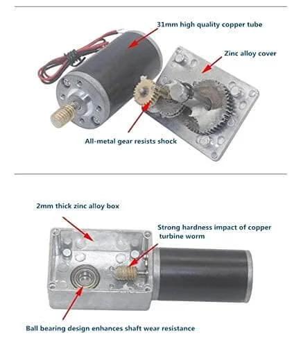 12V 16rpm DC Worm Gear Motor with gears, copper tube, and zinc alloy cover for DIY robots, doors, curtains, mini engine.