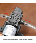 bayite 12V DC Fresh Water Pressure Diaphragm Pump with Hose Clamps Self Priming Sprayer Pump with Pressure Switch 4 L/Min 1.0 GPM 80 PSI for RV Camper Marine Boat showing hose connections