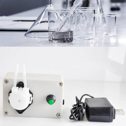 12V Adjustable Peristaltic Dosing Pump Liquid Metering Pump with Adapter for Aquarium Lab Analytical EK1960 beside beakers