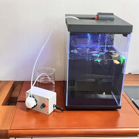 12V Adjustable Peristaltic Dosing Pump Liquid Metering Pump connected to aquarium, shown with adapter and tubing, model EK1960