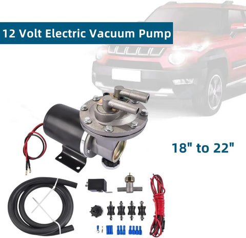 12 Volt Electric Vacuum Pump Kit For Brake Booster Replacement shown with installation kit and vacuum line