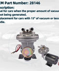 12 Volt Electric Vacuum Pump Kit For Brake Booster Replacement with OEM Part Number 28146 displayed on installation background