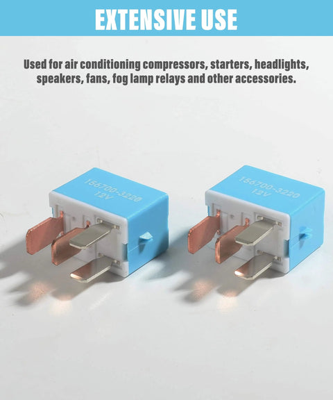 12V Four Pin Car Relay Kit, Two Pack, Heavy Duty Auto Relay For AC Starter And Electrical Systems, blue relays on surface