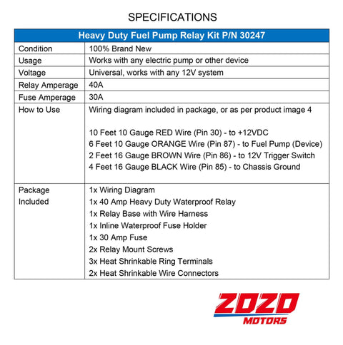 Specifications table for Electric Fuel Pump Relay Kit With Wiring Harness Bypass 40 Amp Waterproof Switch Heavy Duty Long Wires Universal Fit For 12V Systems Keeps Your Fuel Pump Voltage Steady And Pressure On Point Pn 30247