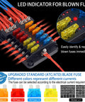 Close-up view of All In One 12V Fuse Block With Led Indicator, Weatherproof Cover, showing 12 circuits and colorful blade inserts.