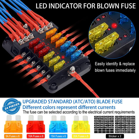 Close-up view of All In One 12V Fuse Block With Led Indicator, Weatherproof Cover, showing 12 circuits and colorful blade inserts.
