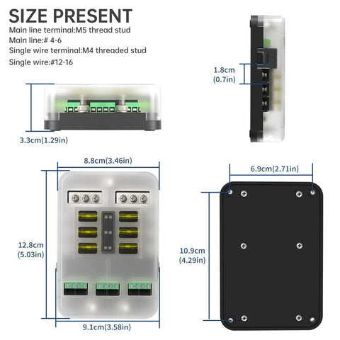 Dimensions and views of 12V Automotive Fuse Block With Relay Kit For Cars, Trucks And Marine Boats 6 Circuit Fuse Box With Accessory Interface