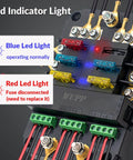 Close-up of 12V Automotive Fuse Block With Relay Kit For Cars, Trucks And Marine Boats 6 Circuit Fuse Box With LED indicators.