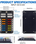 Product specifications for All In One 12V Fuse Block With Led Indicator, Weatherproof Cover, 12 Circuits Panel with dimensions.