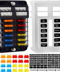 All In One 12V Fuse Block With Led Indicator, Weatherproof Cover, 12 Circuits Panel With Negative Bus, 24 Blade Inserts