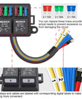 12V Pre Wired Fuse Relay Box With Two 4 Pin 80A Relays And Six ATC ATO Blade Fuses for cars and trucks; labeled input and output pins