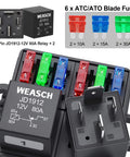 Close-up image of 12V Pre Wired Fuse Relay Box with two 4-pin 80A relays and six ATC ATO blade fuses for automotive use.