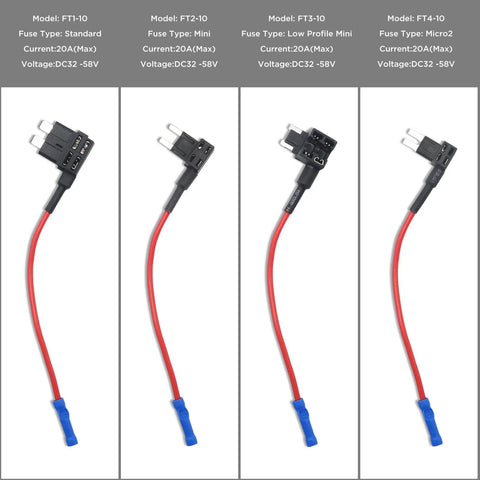 Set of 4 12V Car Add A Circuit Fuse Tap Adapters with ACN Blade Dual Slot Low Profile Mini Fuse Holder Packs in different models.