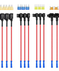 12 Pack 12V Car Add A Circuit Fuse Tap Kit With Standard Mini Micro2 And Low Profile Taps Four Types ATO ATC ATM APM Holder For Cars Trucks Boats Dual Fuse Protection And Easy Wire Tapping For Quick Installation, showing top view of various fuse taps and fuses.
