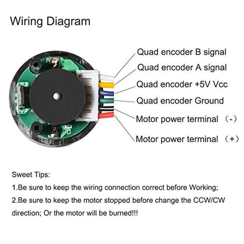 Wiring diagram for 12V DC High Speed 300RPM Gear Motor with Encoder for Arduino and 3D Printers showing connection points.
