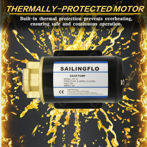 12V Gear Pump-3.2 GPM Self-Priming Impeller Oil Transfer by SAILINGFLO with thermally protected motor