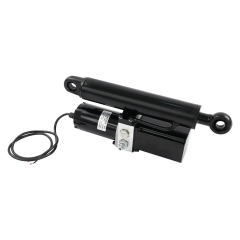 Beefy 12V Electric Hydraulic Linear Actuator With 8 Inch Stroke 2 Ton Load Capacity 4400 Lbs 25 Mm Per Second Travel Heavy Duty DC Motor For Automotive And Industrial Use, shown in black with cord and mounting brackets.