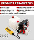 12V DC 4.5Liter Reservoir Hydraulic Power Pump Double Acting 4 Way Unit Hydraulic Pump Hydraulic Power Pack for Dump Trailer Car Lifting, shown with control panel and specifications.