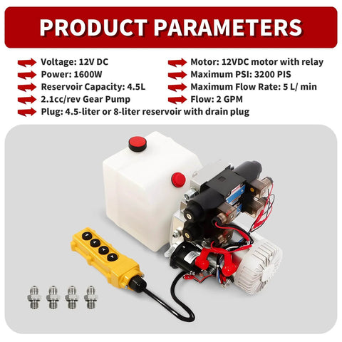 12V DC 4.5Liter Reservoir Hydraulic Power Pump Double Acting 4 Way Unit Hydraulic Pump Hydraulic Power Pack for Dump Trailer Car Lifting, shown with control panel and specifications.