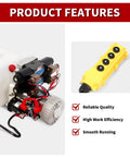 Close-up of 12V DC 4.5Liter Reservoir Hydraulic Power Pump Double Acting 4 Way Unit showing features and yellow remote.