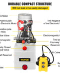 Front view of Beefy 12V Hydraulic Pump Power Unit with 3 Quart Reservoir for Dump Trailers and Car Lifting, labeled components.