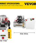 Double Acting 4 Way Hydraulic Pump Power Unit With 12V DC Motor 2 GPM Flow 3200 PSI Max For Dump Trailer Lifting And Car Lift 4.5 Quart Reservoir VEVOR, front and side view with dimensions.