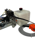 12 Volt DC Double Acting Hydraulic Pump For Dump Trailers With Solenoid Power Unit And 8 Quart Plastic Tank 2100 PSI 1.25 GPM SAE6 Ports Remote Controller Included Compact Electric Hydraulic Power Pack For Popular Dump Trailers
