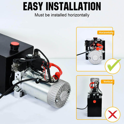 Heavy Duty Electric Hydraulic Pump Unit For Dump Trailer With Metal Reservoir 12V DC Motor 3200 PSI Max Pressure Double Acting Cylinder Lifts Up To 5 Tons And Handles Tough Loads By DC House with installation instructions for horizontal setup.