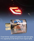 12V 3 Pin LED Flasher Relay For Cars next to rear car tail light, heavy duty round turn signal blinker, supports up to 20 amps.
