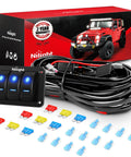 12V LED Light Bar Wiring Harness Kit with 3 gang rocker switch panel, on off power relay, inline fuse, six lead system for cars, boats, ATVs, trucks