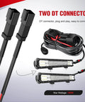 12V LED Light Bar Wiring Harness Kit With On Off Switch, Power Relay And Blade Fuse Universal Vehicle And Boat Fit, Dual Light Output Connectors For Two Fixtures Under 180W, DT Connector For Stable Connection image showing dual DT connectors, coiled cables, and light bars