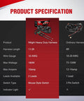 Comparison chart showing specifications for a 12V LED Light Bar Wiring Harness Kit With On Off Switch, Power Relay And Blade Fuse Universal Vehicle And Boat Fit, Dual Light Output Connectors For Two Fixtures Under 180W, DT Connector For Stable Connection.