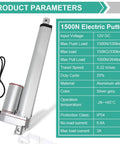 Heavy Duty 12V Linear Actuator With 12 Inch Stroke IP54 Waterproof 330 Lbs Thrust shown with specifications chart