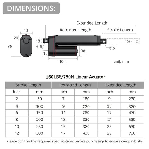 Dimensions diagram of 12V Linear Actuator 160LBS 750N, 6 Inch Stroke 150mm with retracted and extended measurements in mm