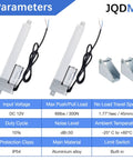 Pair of JQDML 12V linear actuators with mounting brackets; white aluminium alloy bodies, black cables, 2-inch stroke