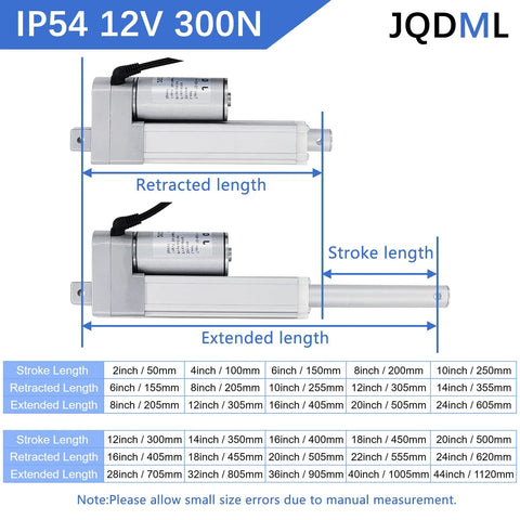 Diagram of Powerful 12V Linear Actuator With 2 Inch Stroke And 66 Lbs 300N Load Capacity Aluminum Alloy IP54 Weather Resistant