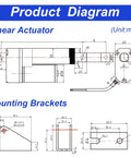 KM-LINEARTECH 12V electric linear actuator diagram with mounting brackets, 4-inch stroke, 440 lb capacity