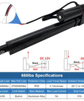 6 Inch 6" Stroke Linear Actuator IP65 Waterproof Heavy Duty 12V 3000N/660lbs Maximum Lift with mounting brackets and wires shown